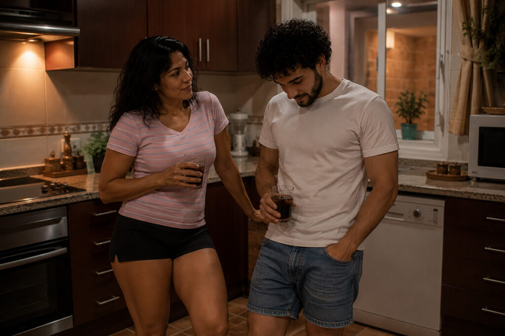 Norma y Gabriel en la cocina, bebiendo algo, para: Sofia, mi compañera de piso. Final.